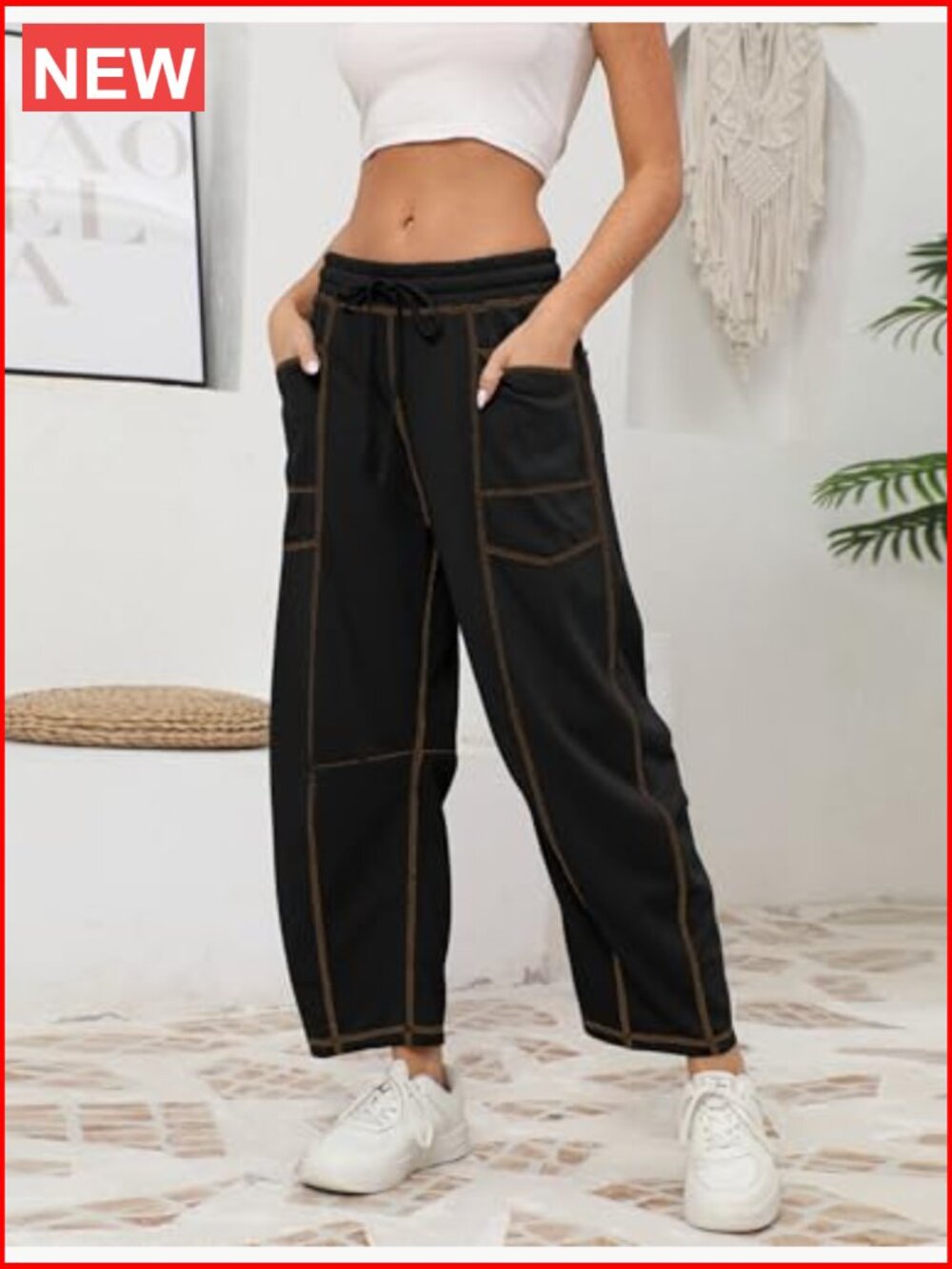 Womens Baggy Barrel Pants Wide Leg Lounge Drawstring Sweatpants with Pockets - Picture 3 of 7